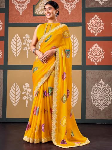 Image of SIRIL Women's Chiffon Bandhani Printed Saree, Sequence Embroidery Border