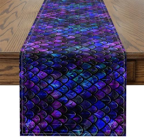 Erosebridal Dragon Summer Table Runner,Purple Blue Dragon Scales Table Runners,Mysterious Western Scales Rectangular Runner 13x72,Ancient Sealife Ombre Dresser Runners image 5