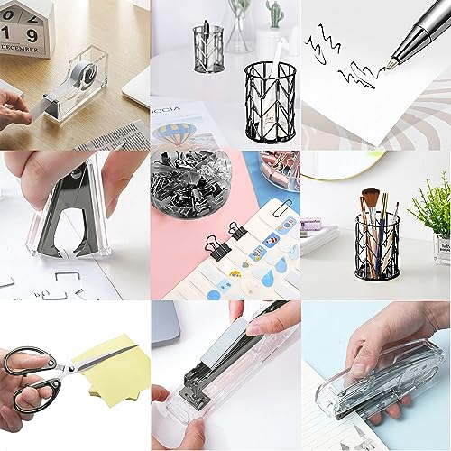 Office Desk Accessories，Office Supplies Set Acrylic Stapler Set Staple Remover, Tape Holder, Pen Holder, 2 Ballpoint Pen, Scissor, Binder Clips, Paper Clips and 1000pcs Staples(Black) - Thumbnail 5