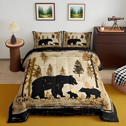 Feelyou Bear Bedding Set for Kids Toddler Queen Size Black Bears Comforter Set Boys Girls Cabin Rustic Farmhouse Bedding Set Wildlife Duvet Set 3Pcs