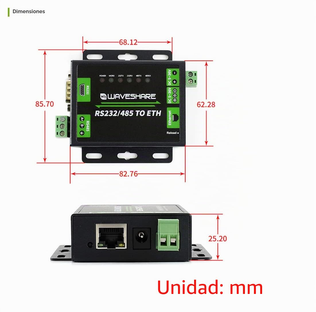 Waveshare - Convertidor RS485 a Ethernet Industrial RS232/RS485 a RJ45, Puertos Serie duales, transmisión de Datos Transparente bidireccional