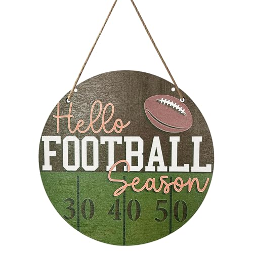 Football Wooden Hanging Sign Hello Football Season Wall Plaque Football Game Sports Welcome Wreath Decor Sign Door Hanger for Farmhouse Home Wall Window Porch Tabletop Party Decor Supplies