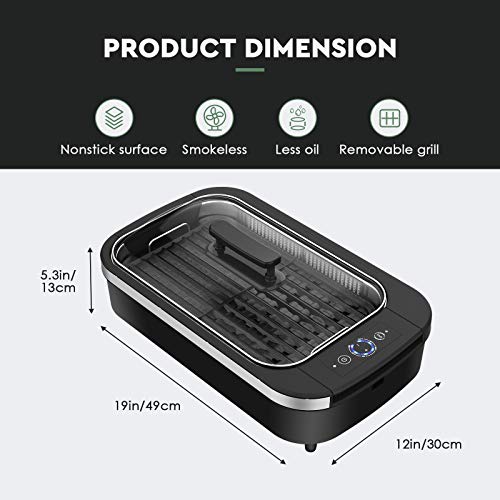 Indoor Smokeless Grill - CSS Electric Grill with Removable Griddle Plate, Non-stick Cooking Surface, LED Smart Control Panel, Tempered Glass Lid, Turbo Smoke Extractor Technology, 1400W, 15\" X 9\" Grilling Surface
