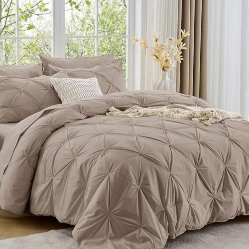 Image of Sasttie Oversized Queen Comforter Set, 7-Piece Bed in a Bag, Pintuck Bedding Sets for All Season, Includes Comforter, Flat Sheet, Fitted Sheet, Pillowcases and Pillowshams, Dark Linen