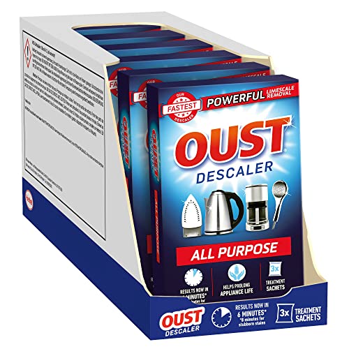 Oust Potente descalcificador multiusos, nueva fórmula, removedor de cal, ideal para hervidores, máquinas de café, planchas y cabezales de ducha, 3 sobres x 6 (18 sobres en total)