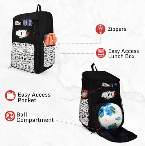 Image of WHACKK Figo Football Bag Black White 44L|Sports Backpack with Ball Holder, Detachable Wet Drawstring Pouch, Utility Pockets & Large Capacity for Gear