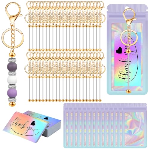 Image of 42 /84 /126 Pcs Beadable Keychain Bars Bulk Blank DIY Beaded Keychain Making Supplies with Bag Thank You Card
