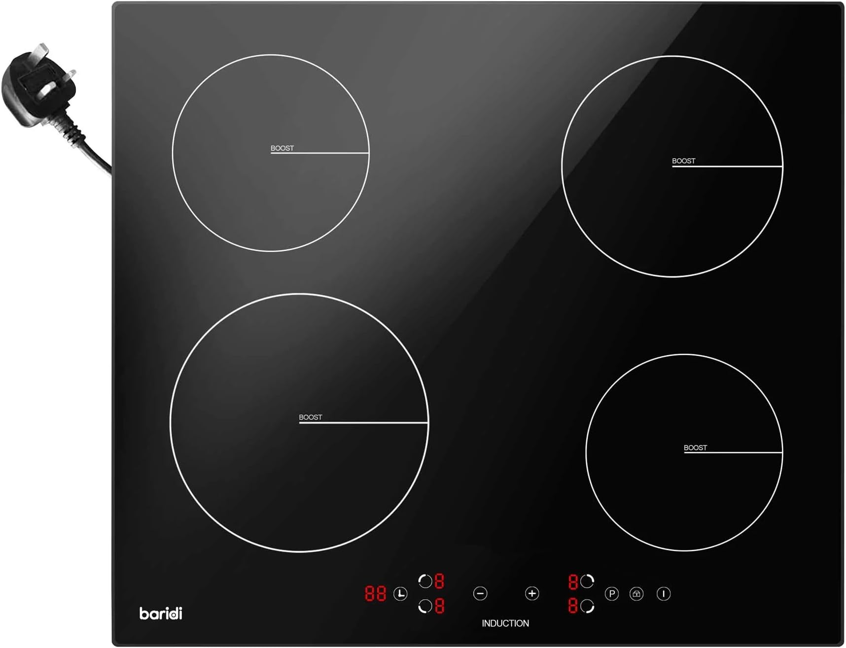 Baridi 60cm Built-In Induction Hob with 4 Cooking Zones, 2800W, Boost Function, 9 Power Levels, Touch Control, Timer, supplied with 13A Plug - DH177