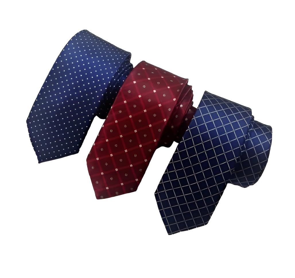 justin dustin Tie for Men Set of 3, Navy Blue Polka Dot, Maroon Checkered, Blue Grid Pattern, Slim Skinny Satin,Width-2.5 inch-picture-46
