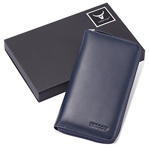 Image of HISCOW Leather Checkbook Cover, Zippered Wallet with Card Slots, Dark Blue | Full grain cowhide, 5cc & ID window, personal check book & register pockets, removable duplicate divider, women secure zipper