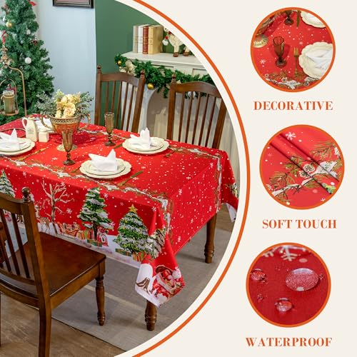 Christmas Waterproof Tablecloth – Red Holiday Table Cover with Santa Claus, Reindeer, Tree & Snowflake Design – Festive Dining Decor for Christmas Party and Home, W60 x L84 in – Image 2