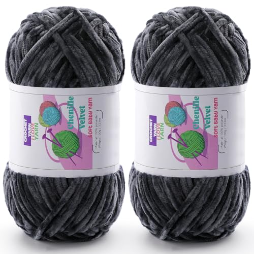 Image of Chenille Velvet Yarn for Crocheting, Gray Fuzzy Fluffy Yarn for Crochet | 2 Pack of 3.5 Oz /131.2 Yds Bulky Thick Chunky Yarn for Crocheting, Soft Amigurumi Yarn for knitting Baby Blankets, Scarves