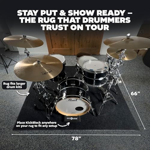 Image of KickBlock Drum Set Bundle - Drum Rug 6'6 inch x 5'6 inch + Bass Drum Anchor - Stops Bass Drum Creep & Slide - Non-Slip Mat - Drummer Gift & Accessories (Stage Black)