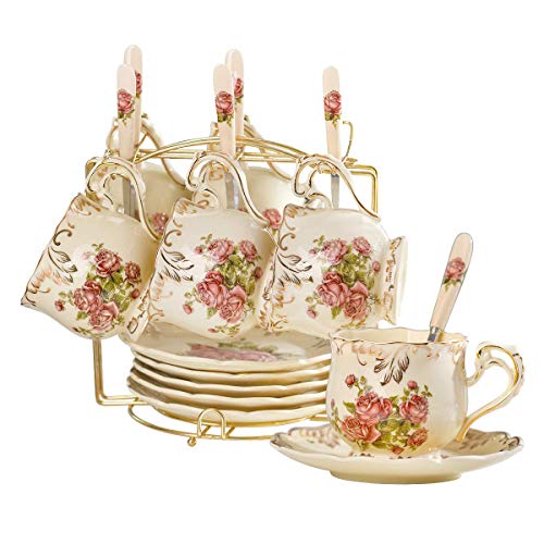 Yolife Ivory Pink Rose Ceramic Cups And Saucers Set 8 Oz, Set Of 6 Vintage Floral Porcelain Tea Cups Set Fancy Coffee Cups With Golden Rack #TOP4