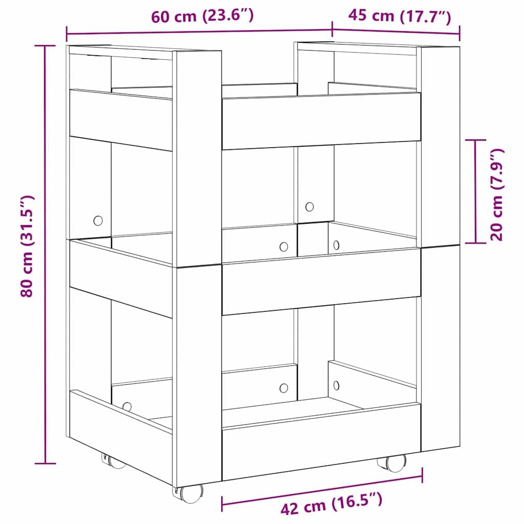 Carrito de cocina de roble Artisan, 60 x 45 x 80 cm, de madera con 4 ruedas, carrito de cocina móvil, carrito de servicio y estantería, ahorra espacio, ideal como isla de cocina