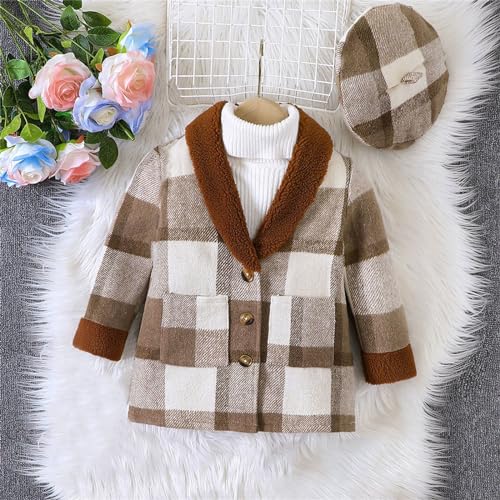 Toddler Kids Formal Plaid Coat with French Beret Hat Elegant Long Outfits for Girl Baby Girls Woolen Trench Coat2