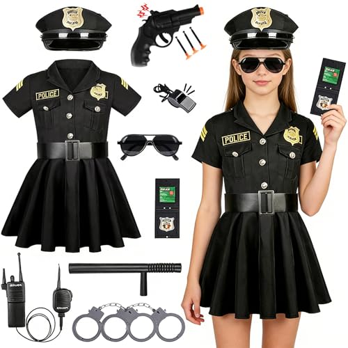 Polizei Kostüm Mädchen Luxus Polizei Offizier Kleid Set Polizistin Kostüm Zubehör Set Polizistin Mädchen Cop Kostüm Outfit Set Polizeikostüm Accessoires Polizei Mütze Handschellen Walkie-Talkie