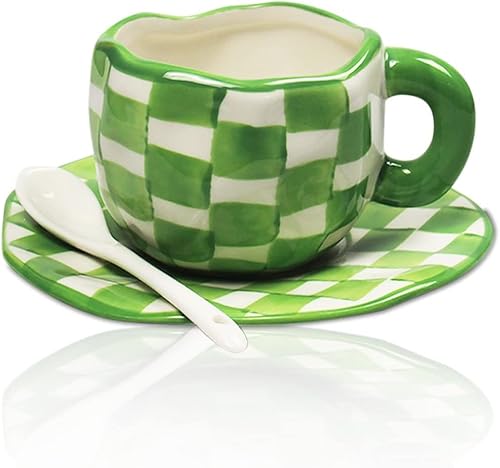 Tazas de capuchino de porcelana con platillo taza de café de tablero de ajedrez pintada a mano con platillo taza de café de cerámica para oficina y