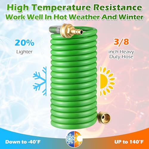 Image of RV Exterior Shower Hose, 15FT Green Coil Water Hose with 1 /2 inch Quick Connect Adapter, Recoils to 9 inch, Weather Resistant Recoil Garden Camper Tube for RV Outdoor Shower, Garden Use, 3 /4 inch Fitting