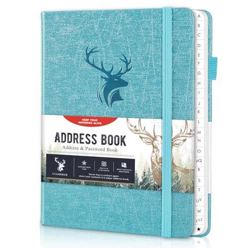Address Book with Alphabetical Tabs, Hardcover Large Print Telephone and Address Book for Keeping Contacts Safe with Space for Important Website Passwords and Back Pocket 5'' x 7.6'' (Teal)