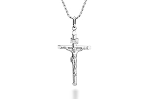 Rhodium Plated Catholic Cross Necklace for Men and Women with Rope Chain