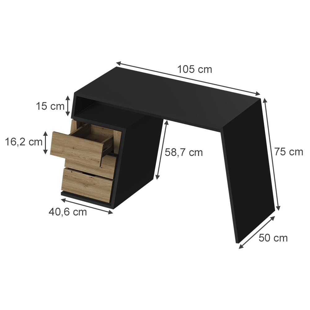 Vicco Bureau Okaro, Anthracite/chêne, 105x50cm avec 3 tiroirs, Convient comme Espace de Travail pour Le Bureau à Domicile ou la Chambre d’ado