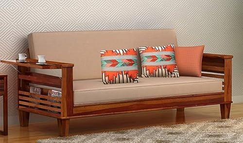 Image of STRATA FURNITURE Sheesham Wood 3 Seater Sofa Set for Living Room Office Home Wooden Sofa Cum Bed with Side Magzine Newspaper Holder (Honey Finish)