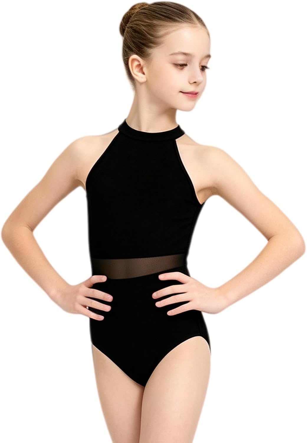 Girls Halter Neck Ballet Leotards for Dance, Mesh Waist & Hollow Back