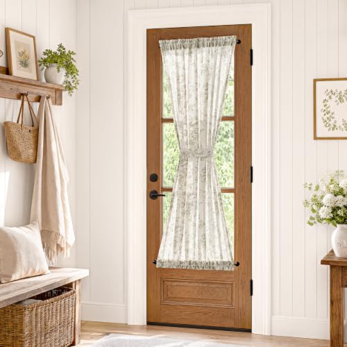 Image of jinchan Alice Floral French Door Curtain Farmhouse Linen for Sliding Glass Door 72 Inches 1 Panel with Tieback Light Filtering Curtain for Window Patio Rod Pocket Green on Linen