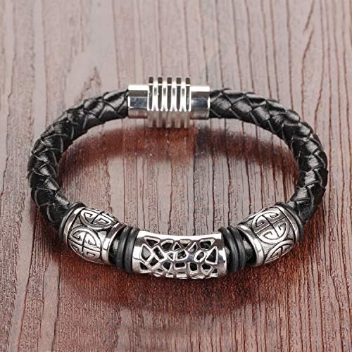 starchenie Men's Genuine Leather Bracelet Classic Stainless Steel Pattern Woven Leather Bracelet with Magnet Clasp 8.07 '' (20.5cm)