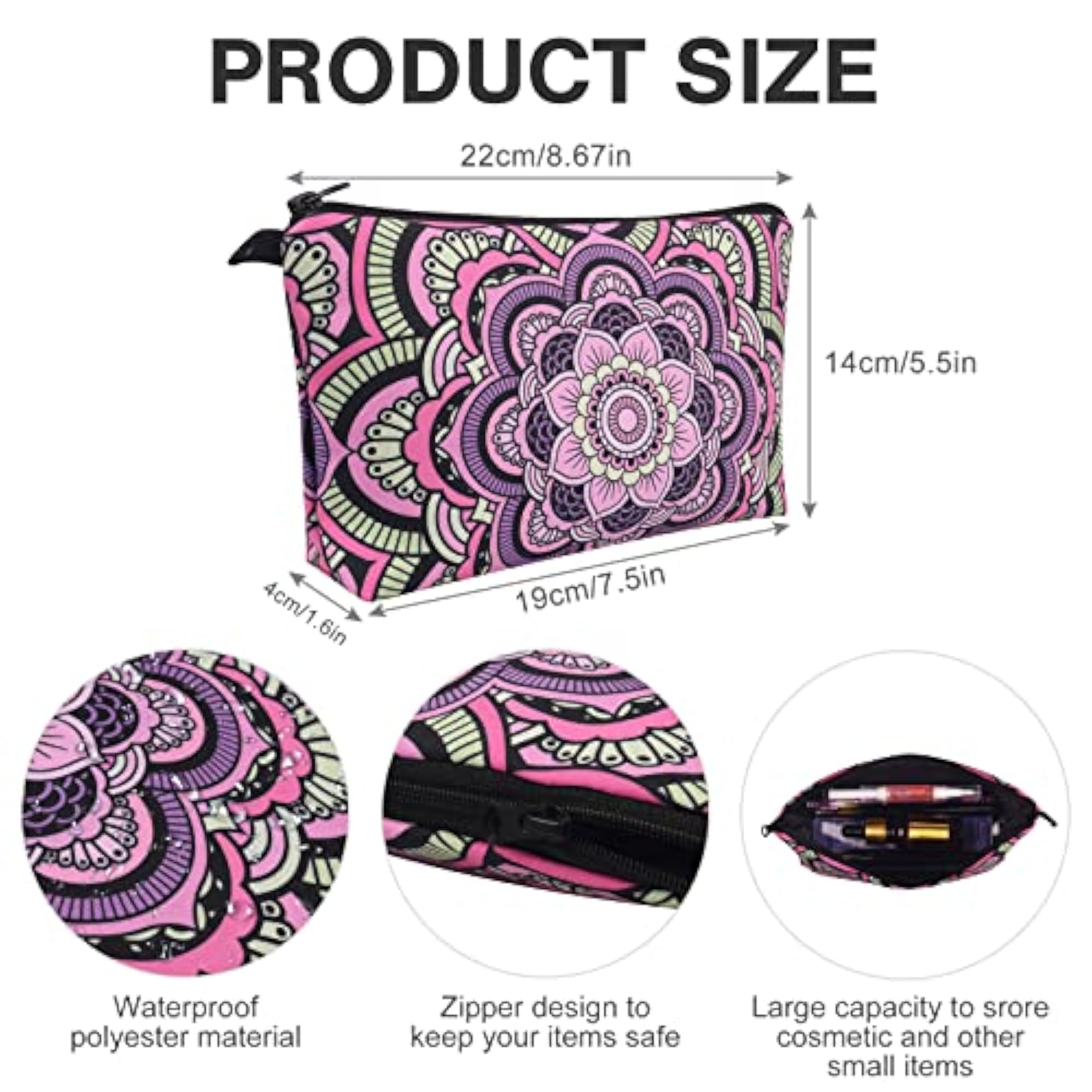 6 Pcs Printed Mandala Flower Waterproof Cosmetic Bags Set