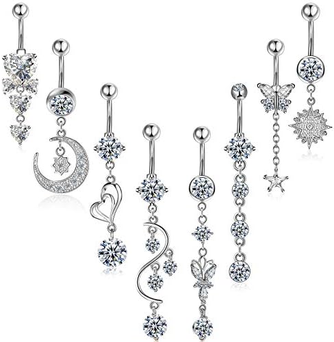 8 Pieces 14G Belly Button Rings Steel Long Dangle Navel Ring CZ Body Piercing Jewelry (Silver)