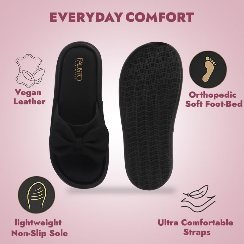 Image of FAUSTO Women Open Toe Bow Design Slip On Sliders | Extra Comfort Cushioned Insole Slippers | Classic Flat Sandals for All Day Long