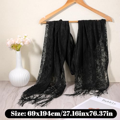 Black Lace Shawl Women's Floral Lace Scarf Shawl with Tassels for Evening Party Wedding2