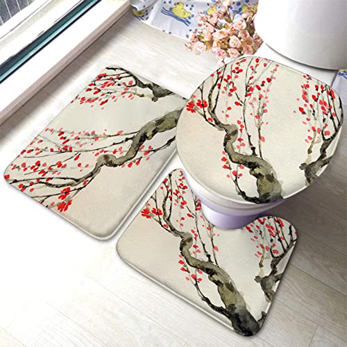 Badezimmerteppich-Set, 3-teilig, Die Leuchtend roten Blumen auf den Ästen eines Alten Baums, waschbarer Badeteppich, rutschfest, mit Rückenpolster, Konturteppich und Toilettendeckelbezug