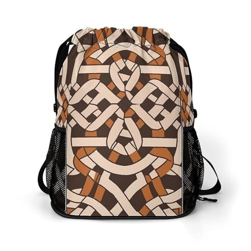 Waterproof Drawstring Gym Backpack with Shoe Compartment & Wet-Proof Pocket - Lightweight 28L Brown Geometric Pattern Sports Backpack Travel Workout String Bag for Yoga Swim