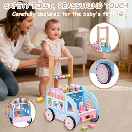 Wooden Baby Walker for Babies 6-12 Month, Ice Cream Cart Toys for Kids, Push Along Walker for Girls Boys, Montessori Educational Wooden Role Play Toys, First Steps Baby Walker with Wheels - Image 4