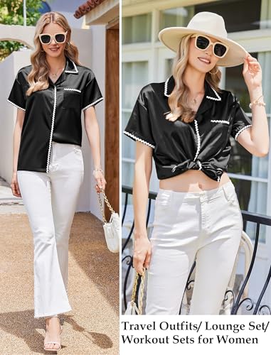 Image of Ekouaer Womens Silk Pajama Sets 2 Piece Satin Pj Set Button Down Shirt and Shorts Lounge Sets Classic with Pockets