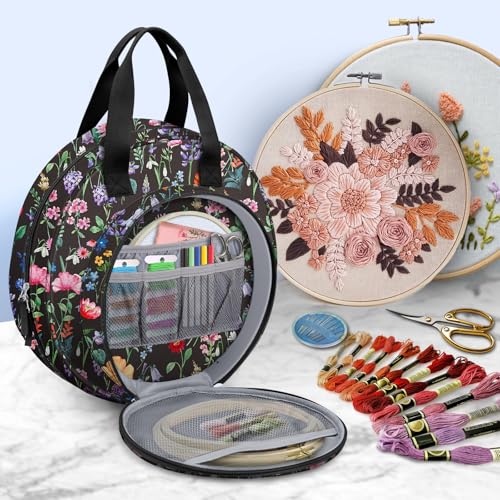 Image of FINPAC Embroidery Project Bag, Embroidery Supplies Storage Carrying Tote Case with Multiple Pockets for Floss, Hoops, Thread, Stitch Tools Kit [Bag Only] (Black Floral)