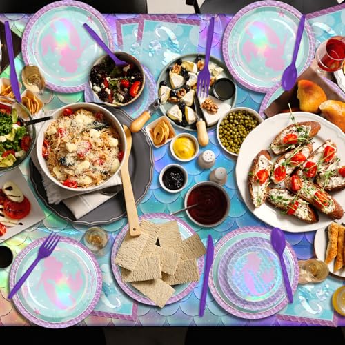 Mashan MERMAID IRIDESCENCE PLATES SERVE 50 400Pcs Mermaid Iridescent Laser Party Supplies,Mermaid Plates And Napkins Set Serve 25 Guests,Disposable Mermaid Paper Plates Napkins Cups Knives thumb #5
