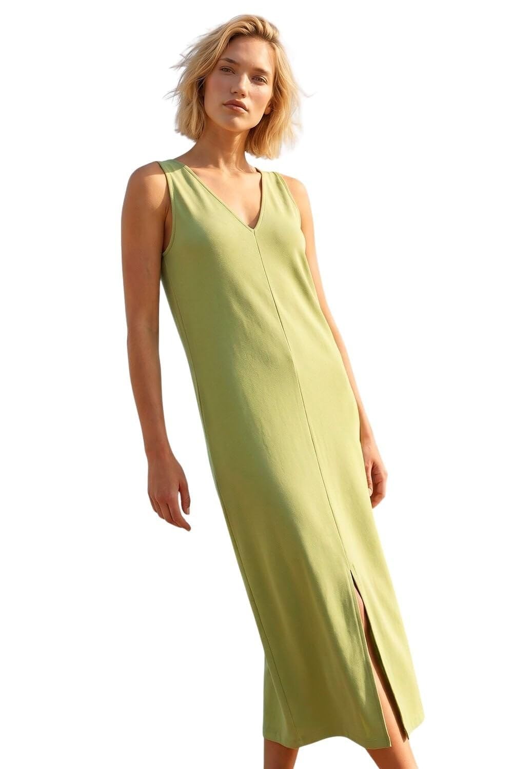 Roman Originals Women's Green Soft Pique Stretch Midi Dress For Uk - Everyday Holiday Spring Summer V-Neckline Comfy Soft Evening Vacation Work Party - Size 18