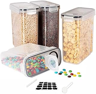 Cereal containers for Storage 4 x 4 Litre Dishwasher Safe Storage for Cereals, Pasta, Rice, Dry Foods, pet Food, Coffee, Flour | Easy Grip Handle | Easy Open Pour lid | Removable lid (Black)