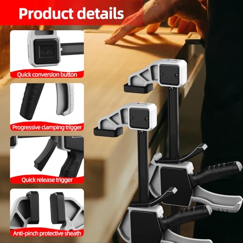 Image of 6-Pack Wood Clamps 4Pcs 12in & 2Pcs 6in for Woodworking | Ergonomic Grip,150Lbs Clamping Force,Bar Clamps One-Handed Quick Grip /Spreader Design,Furniture Assembly