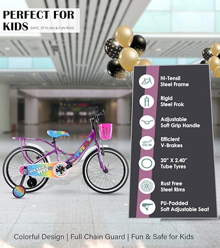 Image of OXYGEN Trio 20T Kids Bicycle for Boys & Girls 5-10 Years, 20 Inch Single Speed Cycle with Training Wheels, Basket, Rear Carrier, High Tensile Steel Frame, Front & Rear Brakes, Purple, Semi-Assembled