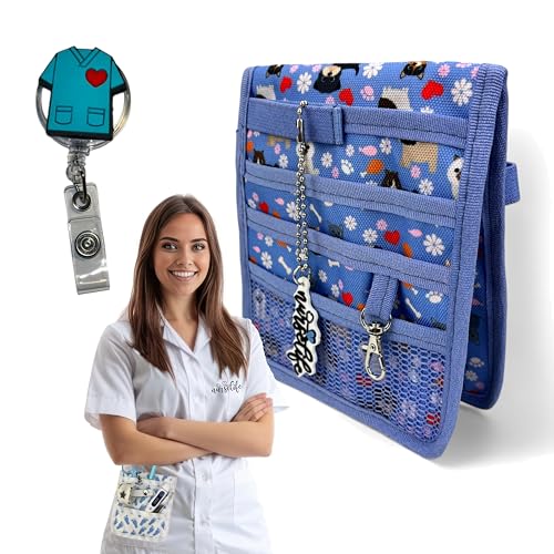 PACK Salvabolsillos y Extensible | No todos son iguales | Organizador Bolsillo Enfermeria | Enfermera en Apuros - Original regalo | Para guardar Tijeras y AccesorioS (AZUL PERRO FLORES CASACA)