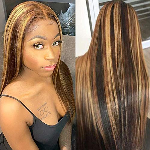 ALI V 150 Density Honey Blonde Highlight Lace Front Wigs Human Hair Colored 4/27 Brown Ombre Straight Human Hair Wigs For Women Pre Plucked With Baby Hair 10-24 inch (20 inch,13x4)