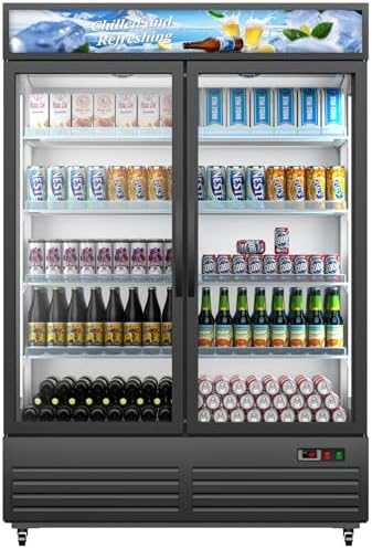 Commercial Beverage Refrigerator with 2 Glass Door, 41.3 Cu.Ft Display Fridge Beverage Cooler with Customizable Lightbox Adjustable Shelves, Drink Fridge Merchandiser for Restaurant Shop, Black