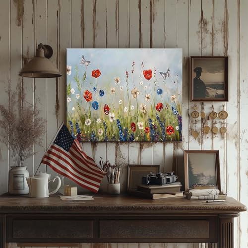 Image of Memorial Day Canvas Wall Art, USA Patriotic Flower Print, Red White Blue Blossoms and American Flag Butterflies Poster Framed Wall Painting for Living Room, Office, Holiday Decorations 20x24inch