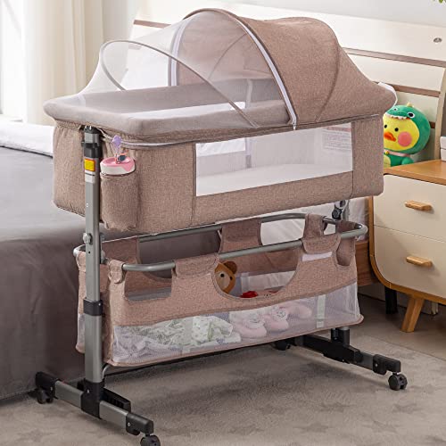 Image of Cuddor Bedside Bassinet for Baby, Bedside Sleeper with Wheels, Heigt Adjustable, with Mosquito Nets, Large Storage Bag, for Infant/Baby/Newborn - Khaki
