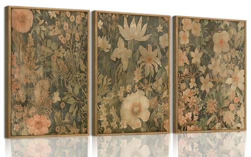 Wodkwq 3 Piece Vintage Floral Wall Art Framed,Neutral Wildflower Wall